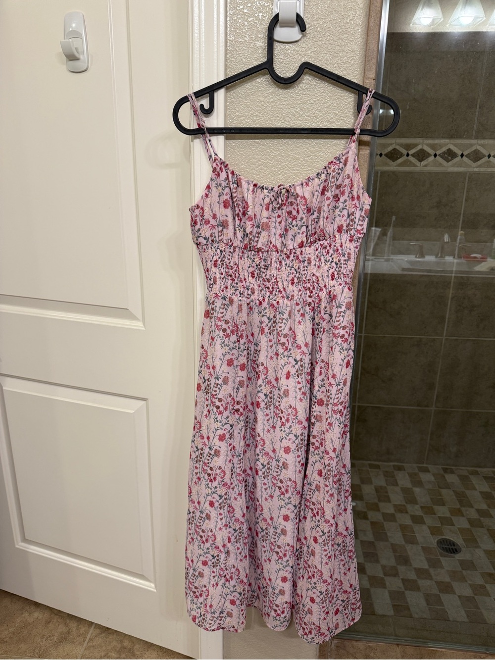 Aritzia Pink Floral Smocked Midi Dress